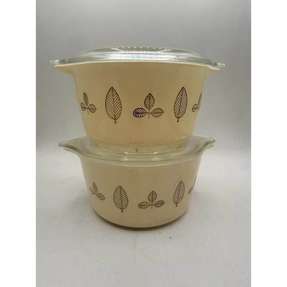 Set of 2 : Vintage 1959 PYREX Gold Leaf Cinderella Buffet Casserole 473 With Lid